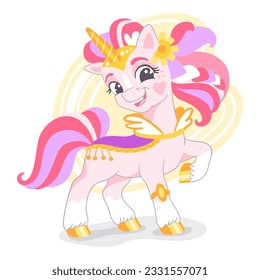 Personaje de dibujos animados con unicornio rosa y cascos dorados. Ilustración vectorial aislada en un fondo blanco. Feliz unicornio mágico. Para impresión, diseño, afiche, pegatina, tarjeta, decoración, camiseta