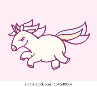 Cute cartoon character unicorn with rainbow hair running, funny magical hand drawn vector illustration. Graphics art for print on t shirt, card.