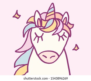 Cute cartoon character unicorn with rainbow hair and stars, funny magical hand drawn vector illustration. Graphics art for print on t shirt, card.