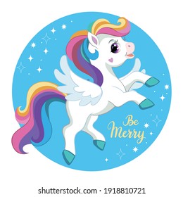 Cute cartoon character unicorn with rainbow mane and wings. Vector illustration. For postcard, posters, nursery design, greeting card,stickers,room decor, party,nursery t-shirt,kids apparel,invitation