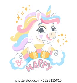 Cute cartoon character unicorn with a rainbow and lettering be happy. Vector isolated illustration. White background. For print, design, poster, sticker, card, decoration, t shirt