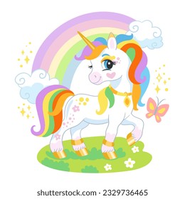 Cute cartoon character unicorn with rainbow in a flowering meadow. Vector illustration isolated on a white background. Happy magic unicorn. For print, design, poster, sticker, card, decoration,t shirt