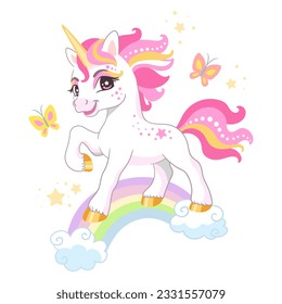 Cute cartoon character unicorn running over the rainbow. Vector illustration isolated on a white background. Happy magic unicorn. For print, design, poster, sticker, card, decoration,t shirt