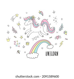 Cute cartoon character unicorn and set of design elements. Vector print. Unicorn and magic