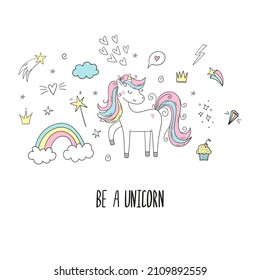 Cute cartoon character unicorn and set of design elements. Vector print. Unicorn and magic
