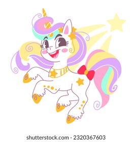 Cute cartoon character unicorn with a star and rainbow mane. Vector isolated illustration. White background. For print, design, poster, sticker, card, decoration, t shirt