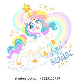 Cute cartoon character unicorn with a star, rainbow mane and lettering feel the magic. Vector isolated illustration. White background. For print, design, poster, sticker, card, decoration, t shirt