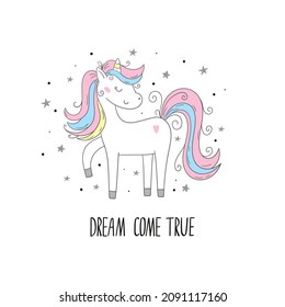 Cute cartoon character unicorn. Vector print. Unicorn and magic.