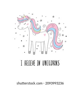 Cute cartoon character unicorn. Vector print. Unicorn and magic