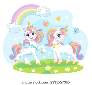 Personaje de dibujos animados con un arco iris en un prado florido. Ilustración vectorial aislada en un fondo blanco. Feliz unicornio mágico. Para impresión, diseño, afiche, pegatina, tarjeta, decoración