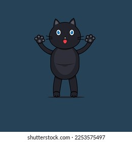Cute cartoon character vector black cat. Kawaii animal. Black silhouette sticker print. Flat design style. Vector illustration