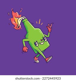 Cute cartoon character. Vector doodle illustration. Burning animated molotov cocktail glass bottle with fire. Fun print for t-shirt. Symbol of protest, rally, popular unrest, revolution. Smile. Law