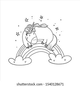 Cute cartoon character. Vector happy Unicorn relax on Rainbow. Isolated Line Art on a white background. T-shirt card print graphic art.