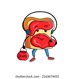 Cute cartoon character. Vector illustration of toast with jam. Funny person for merch design, menu, emblems.