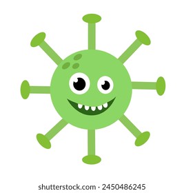 Cute cartoon character virus. Microbiology organism green color and funny face. Mascots expressing emotion. Vector children illustration in flat design.