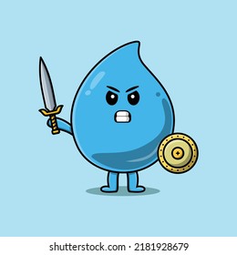 Cute cartoon character Water drop holding sword and shield in modern style design