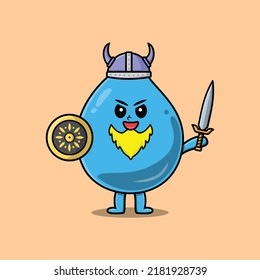 Cute cartoon character Water drop viking pirate with hat and holding sword and shield