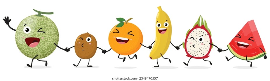 Cute cartoon character watermelon, cantaloupe, orange, kiwi fruit and banana 