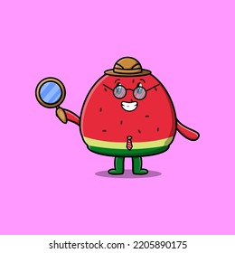 Cute cartoon character Watermelon detective is searching with magnifying glass
