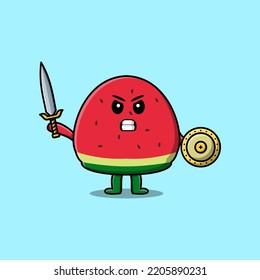 Cute cartoon character watermelon holding sword and shield in modern style design
