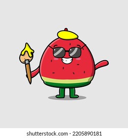 Cute cartoon character Watermelon painter with hat and a brush to draw in cute design style design