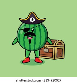 Cute cartoon character Watermelon pirate with treasure box in modern style design