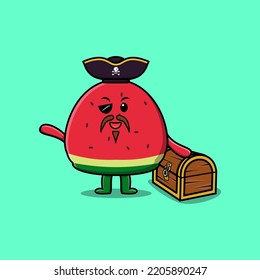 Cute cartoon character watermelon pirate with treasure box illustration in modern style design