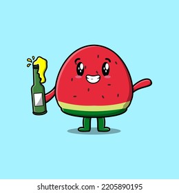 Cute cartoon character Watermelon with soda bottle in modern cute style design flat illustration