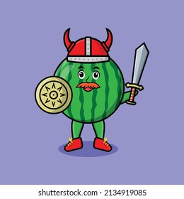 Personaje de dibujos animados: sandía viaja pirata con sombrero y sostiene espada y escudo