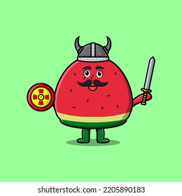 Cute cartoon character Watermelon viking pirate with hat and holding sword and shield illustration