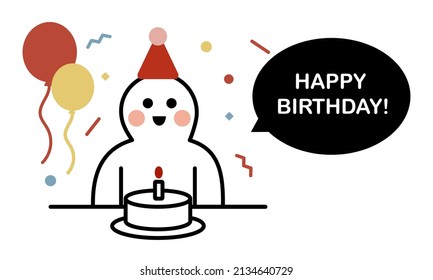 Cute cartoon character wearing red party hat celebrating with Cakes and Colorful balloons. Birthday greeting card with speech bubble text design. Vector design illustrations on white background.