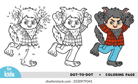 Lindo personaje de dibujos animados hombre lobo. Juego de números, educación punto a punto juego para niños.