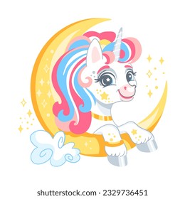 Cute cartoon character white unicorn with moon. Digital vector illustration isolated on a white background. Happy little magic unicorn. For print, design, poster, sticker, card, decoration, t shirt