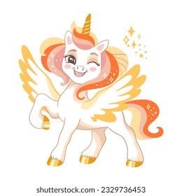 Personaje de dibujos animados blanco unicornio con alas y cascos dorados. Ilustración aislada del vector. Fondo blanco. Feliz unicornio mágico. Para impresión, diseño, afiche, pegatina, tarjeta, decoración, camiseta