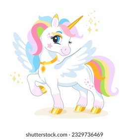 Cute cartoon character white unicorn with wings. Digital vector illustration isolated on a white background. Happy little magic unicorn. For print, design, poster, sticker, card, decoration, t shirt