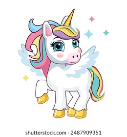 Cute cartoon character white unicorn with wings. Digital vector illustration isolated on a white background. Happy little magic unicorn. For print, design, poster, sticker, card, decoration