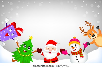 Cute cartoon character in winter background. Santa claus, Christmas tree, Snowman and deer illustration.