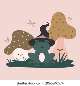 cute cartoon character wizard green frog and mushrooms funny vector illustration