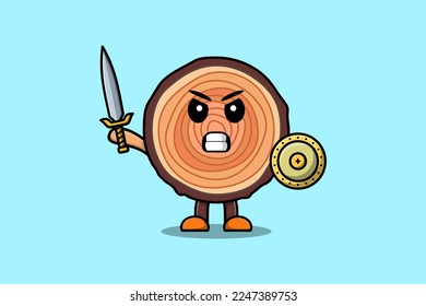 Cute cartoon character Wood trunk holding sword and shield in modern style design