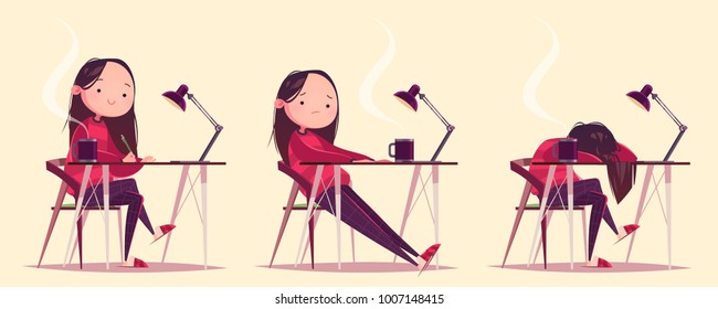 Cute Cartoon Character Working Girl At The Table With A Mug And Lamp. Artist, Designer, Freelancer, Student. Tired Girl. Concept Art. Vector Illustration. Isolated Character On Light Background.