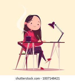 Cute cartoon character working girl at the table with a mug and lamp. Artist, designer, freelancer, student. Concept art. Vector Illustration. Isolated character on light background.