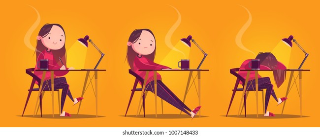 Cute cartoon character working girl at the table with a mug and lamp. Artist, designer, freelancer, student. Tired girl. Concept art. Vector Illustration. Isolated character on light background.