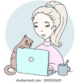 Cute cartoon character working girl at the table with a mug and cat. Hand drawn illustration. Vector.