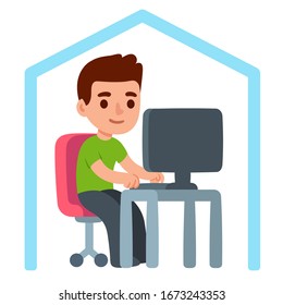 Cute cartoon character working from home. Remote work and telecommuting, or freelance job. Isolated vector clip art illustration in simple flat style.
