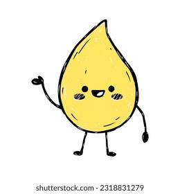 Cute cartoon character yellow pee drop is waving his hand. Vector mascot isolated on white background. Linocut style. Risoprint. Different poses and emotions.