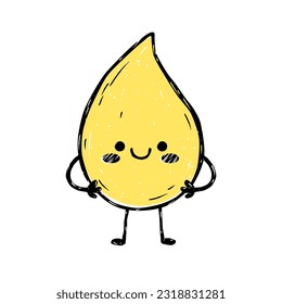 Cute cartoon character yellow pee drop smiles. Vector mascot isolated on white background. Linocut style. Risoprint. Different poses and emotions.