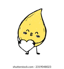 Cute cartoon character yellow pee drop loves. Vector mascot isolated on white background. Linocut style. Risoprint. Different poses and emotions.