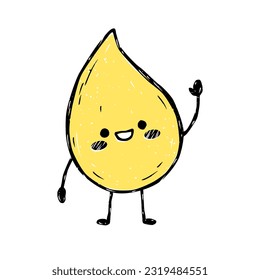 Cute cartoon character yellow pee drop is waving his hand. Vector mascot isolated on white background. Linocut style. Risoprint. Different poses and emotions.
