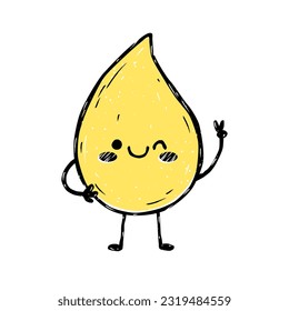 Cute cartoon character yellow pee drop winks . Vector mascot isolated on white background. Linocut style. Risoprint. Different poses and emotions.