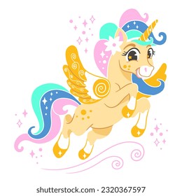 Cute cartoon character yellow unicorn with wings and long mane and tail. Vector isolated illustration. White background. For print, design, poster, sticker, card, decoration, t shirt